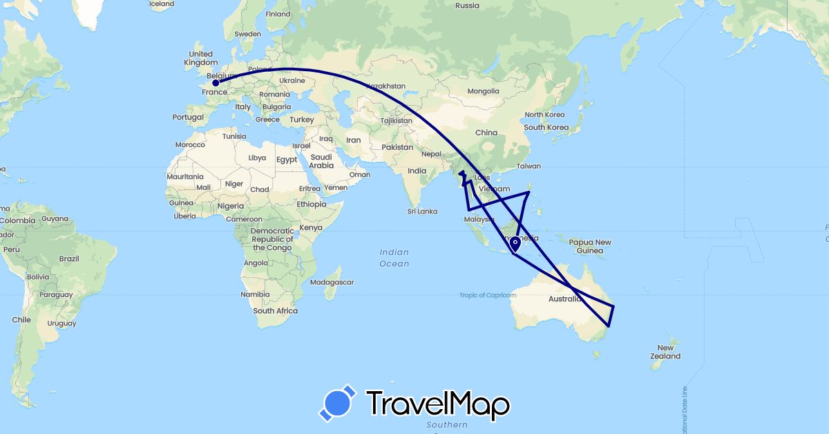 TravelMap itinerary: driving in Australia, France, Indonesia, Myanmar (Burma), Philippines, Thailand (Asia, Europe, Oceania)